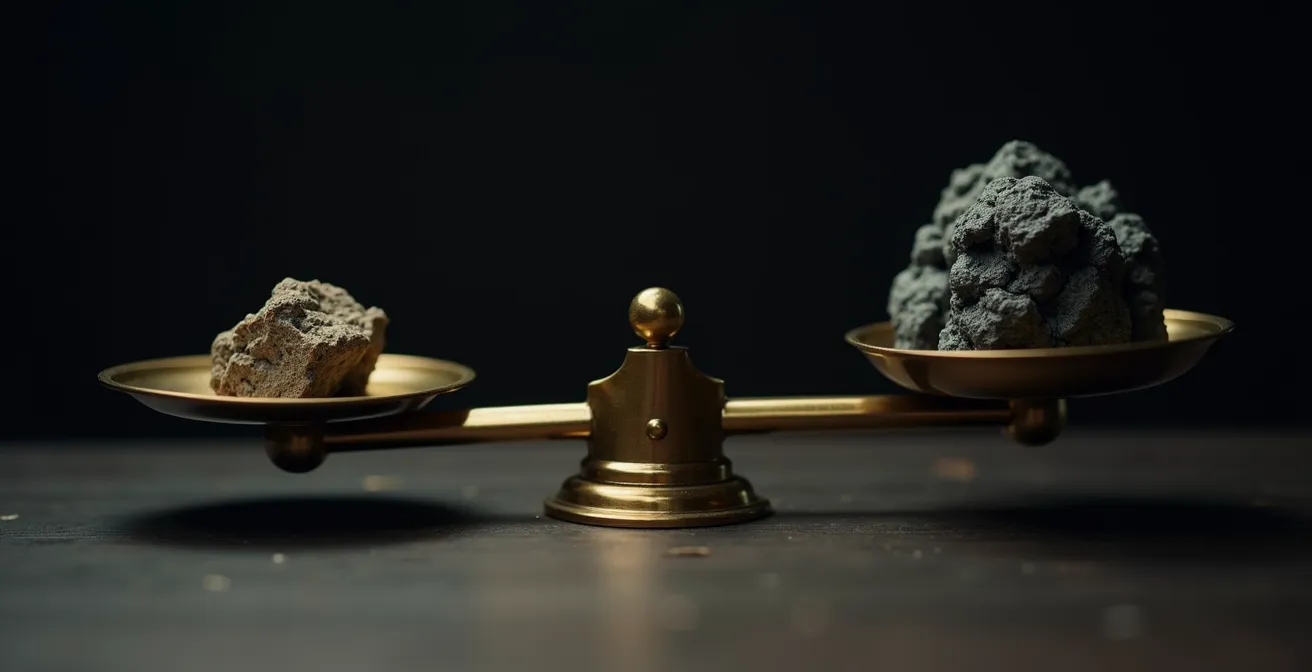 Photographie conceptuelle d'une balance de précision montrant d'un côté une petite pièce mécanique et de l'autre un poids lourd, symbolisant le calcul coût réparation vs malus.