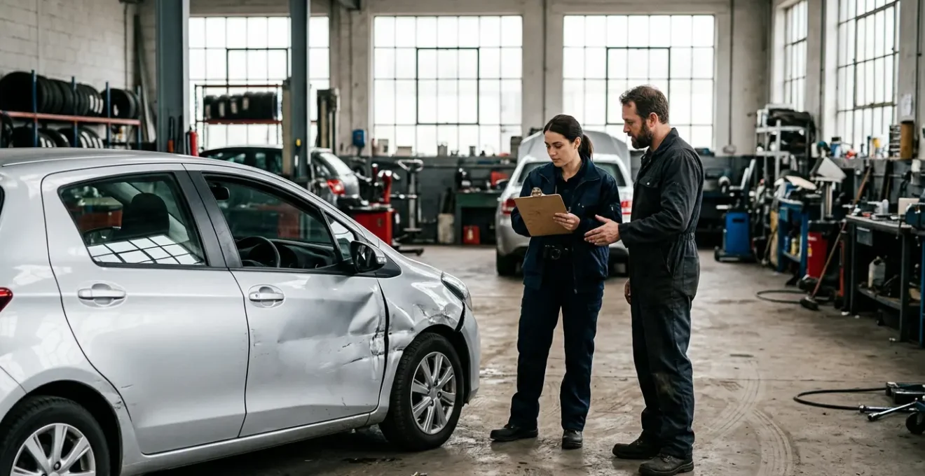 Scène d'expertise automobile après un sinistre avec inspecteur et propriétaire de véhicule
