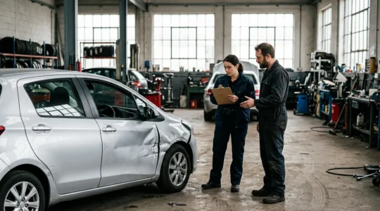 Scène d'expertise automobile après un sinistre avec inspecteur et propriétaire de véhicule