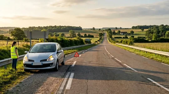 Scène d'accident de la route avec mise en sécurité et gestion administrative