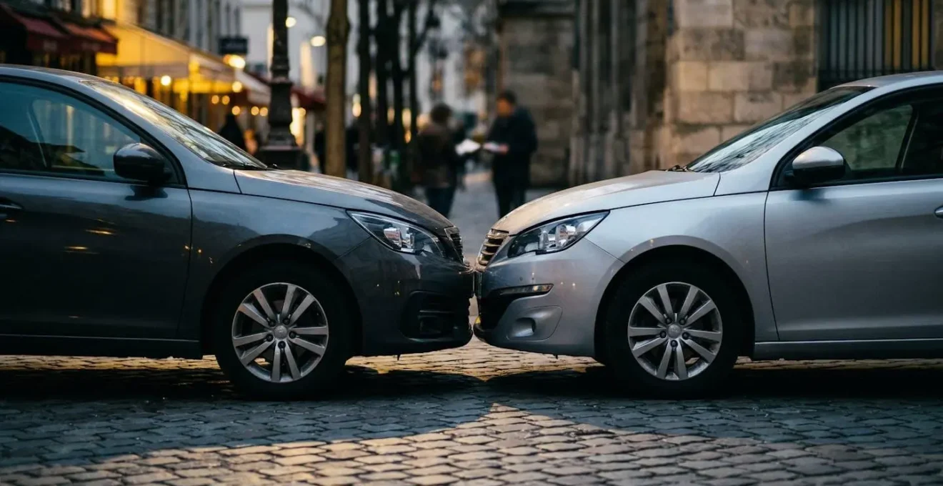 Scène d'accident automobile avec focus sur les dégâts matériels pour illustrer la responsabilité civile.