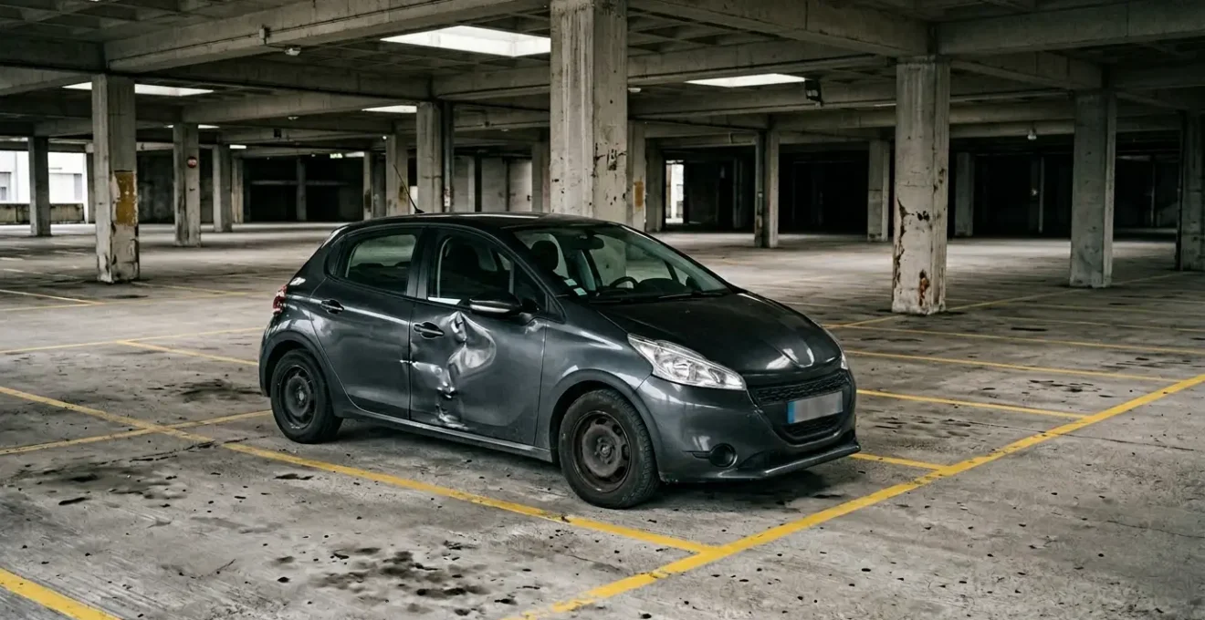 Voiture avec impact sur la portière dans un parking, ambiance d'enquête et de recherche d'indices