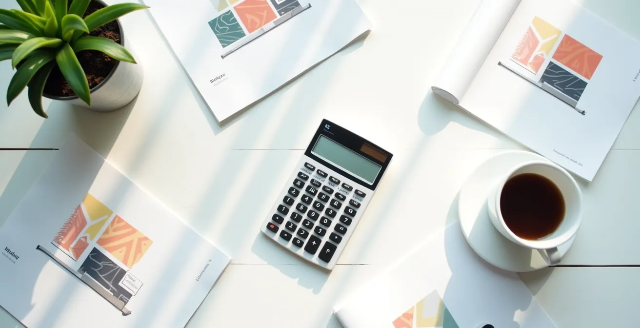Scène minimaliste d'un bureau avec calculatrice et documents financiers abstraits