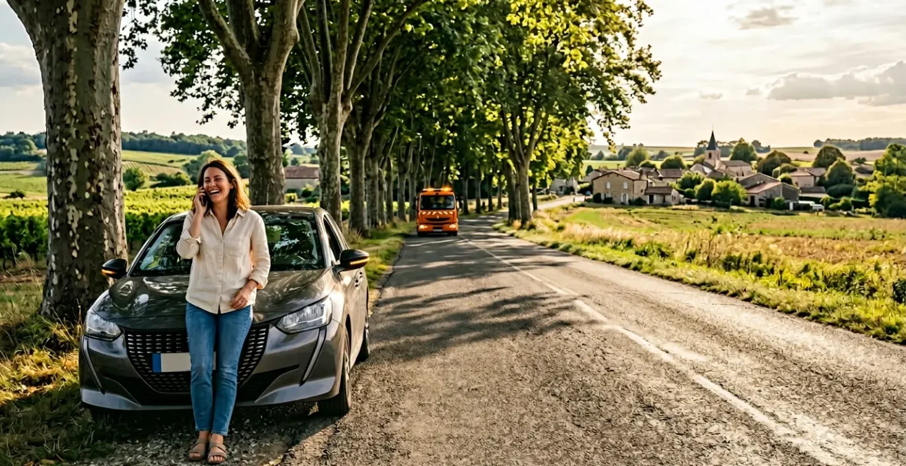 Automobiliste soulagé au téléphone sur bord de route française avec dépanneuse approchant un dimanche ensoleillé