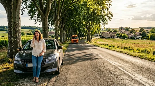 Automobiliste soulagé au téléphone sur bord de route française avec dépanneuse approchant un dimanche ensoleillé