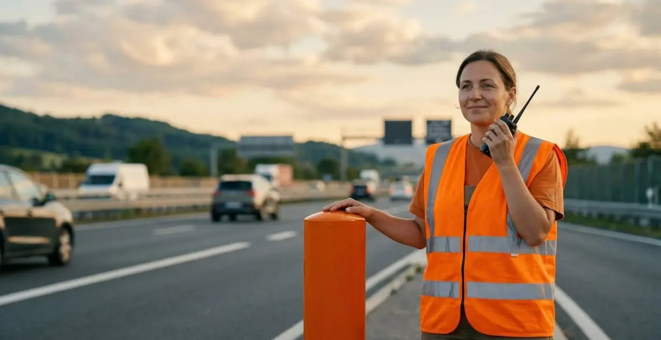 Conducteur près d'une borne d'appel d'urgence sur autoroute