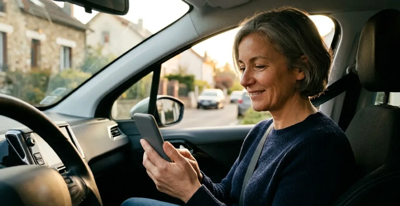 Conducteur calculant ses économies d'assurance auto avec une application mobile dans sa voiture stationnée
