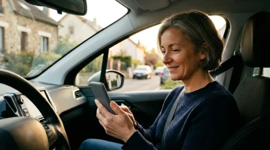 Conducteur calculant ses économies d'assurance auto avec une application mobile dans sa voiture stationnée