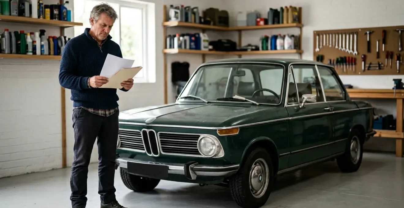 Conducteur réfléchissant devant une voiture vintage dans un garage avec documents d'assurance