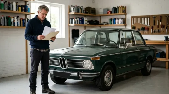 Conducteur réfléchissant devant une voiture vintage dans un garage avec documents d'assurance