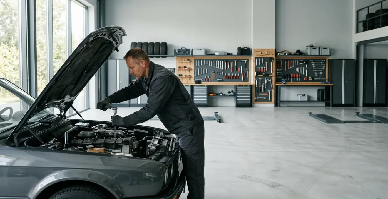 Mécanicien professionnel réalisant l'entretien d'un moteur automobile dans un garage moderne