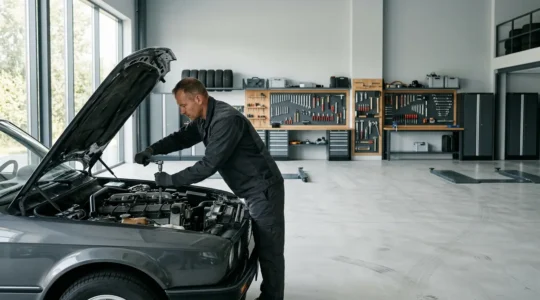 Mécanicien professionnel réalisant l'entretien d'un moteur automobile dans un garage moderne