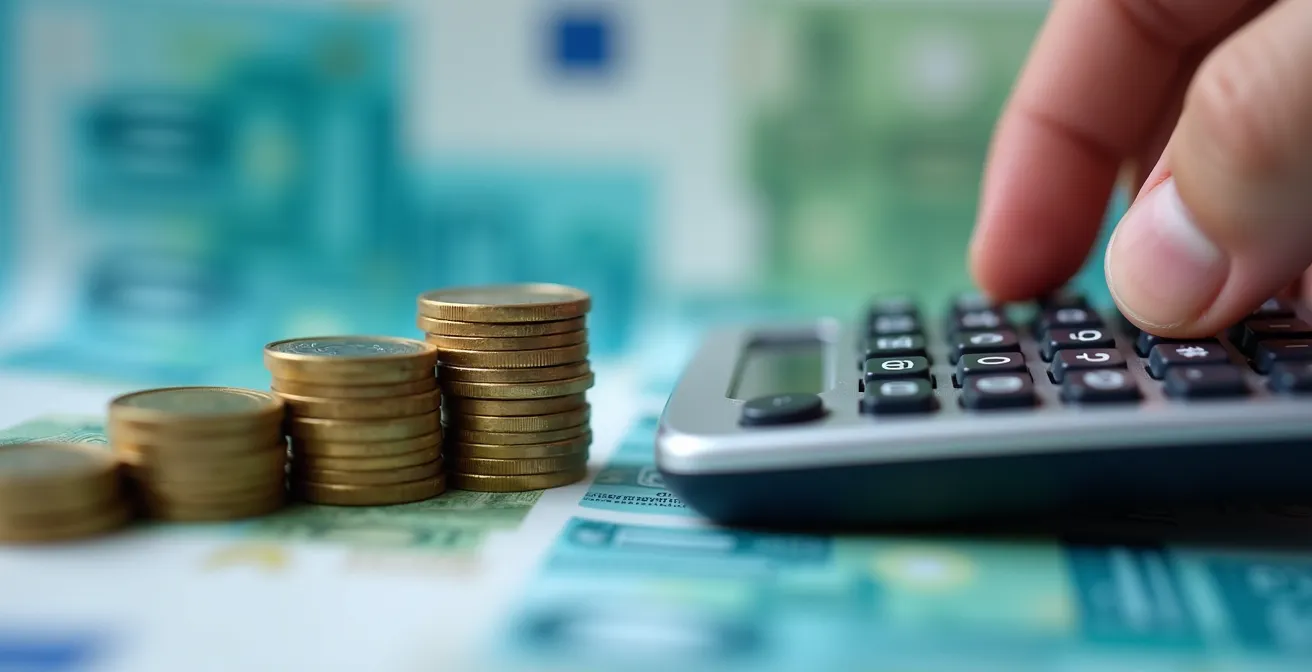 Vue en gros plan d'une calculatrice et de pièces en euros, symbolisant le calcul de l'économie réalisée en augmentant sa franchise d'assurance.