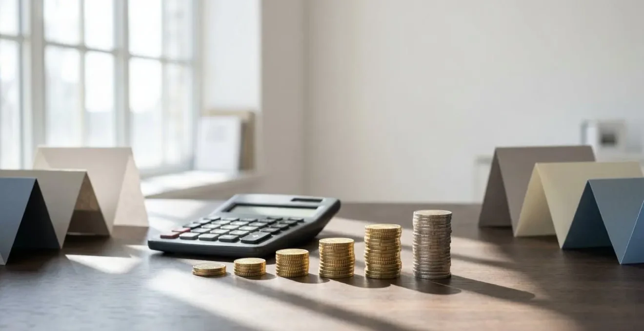 Bureau avec calculatrice et documents d'assurance, ambiance de réflexion financière