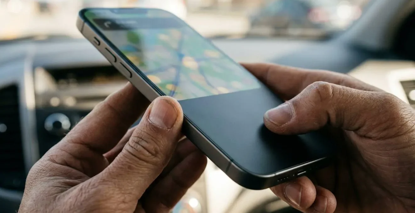 Smartphone montrant une carte avec des repères de localisation de garages