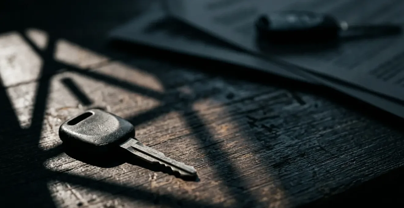 Gros plan sur clés de voiture et documents juridiques flous à l'arrière-plan