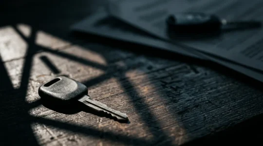 Gros plan sur clés de voiture et documents juridiques flous à l'arrière-plan