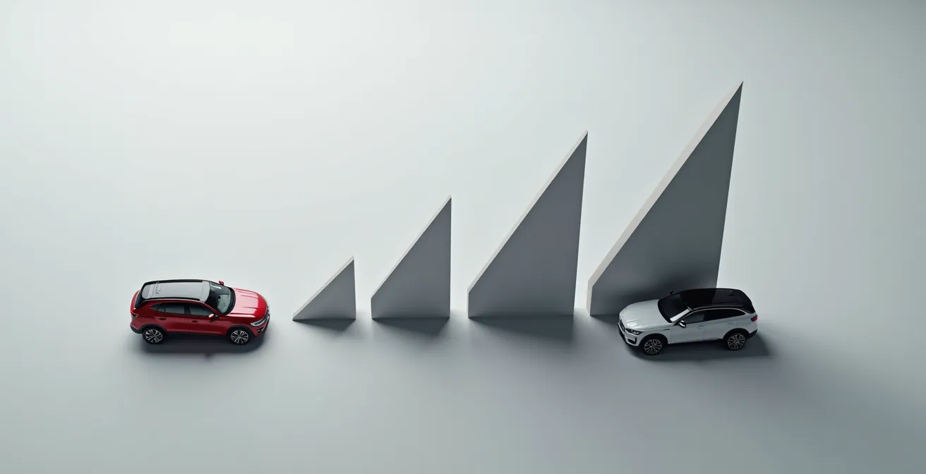 Vue aérienne comparative d'une citadine et d'un SUV avec éléments graphiques abstraits représentant les coûts