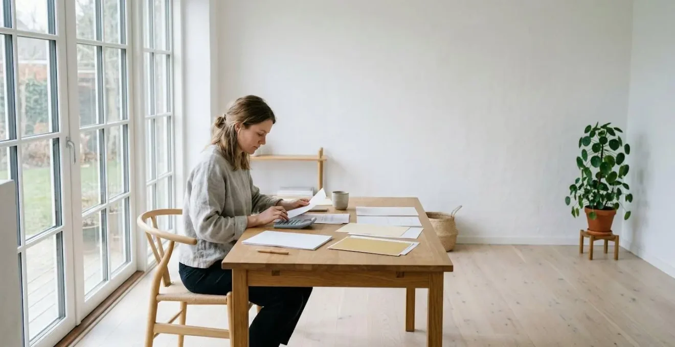 Personne avec calculatrice analysant des documents d'assurance sur une table