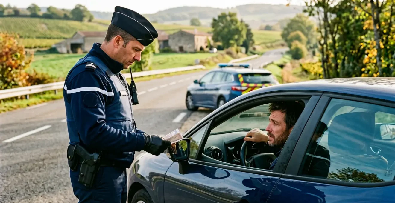 Contrôle de police d'un conducteur sur une route française, ambiance sérieuse