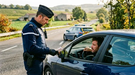 Contrôle de police d'un conducteur sur une route française, ambiance sérieuse