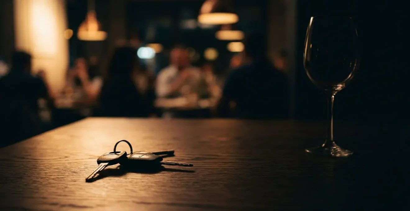 Clés de voiture posées à côté d'un verre, symbolisant le choix entre conduire et boire