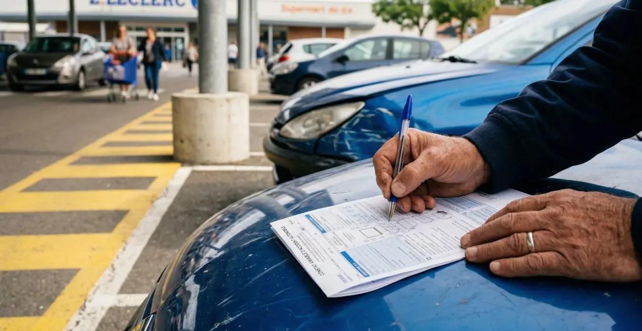 Main remplissant un constat amiable sur le capot d'une voiture dans un parking