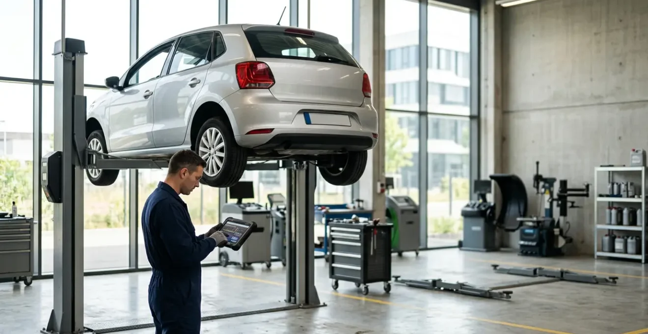 Mécanicien inspectant les freins d'une voiture sur un pont élévateur dans un centre de contrôle technique agréé