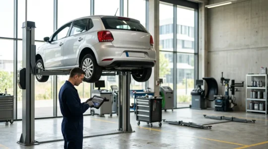 Mécanicien inspectant les freins d'une voiture sur un pont élévateur dans un centre de contrôle technique agréé