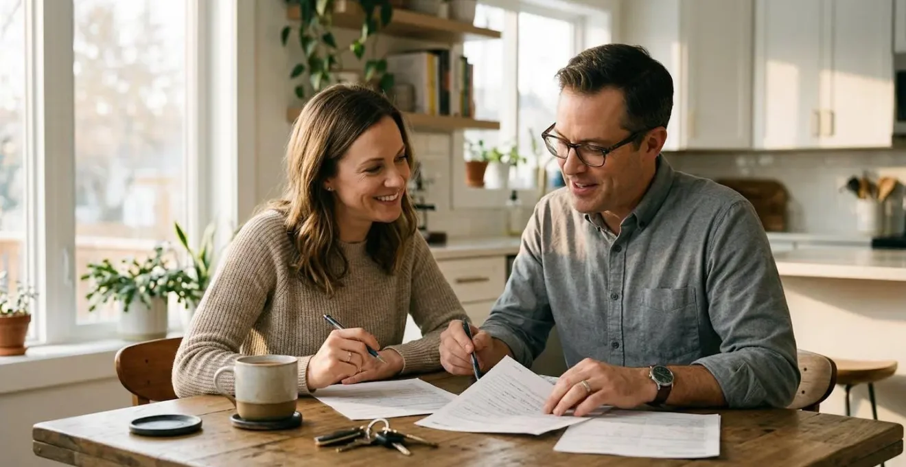 Couple examinant ensemble des documents sur une table avec clés de voiture