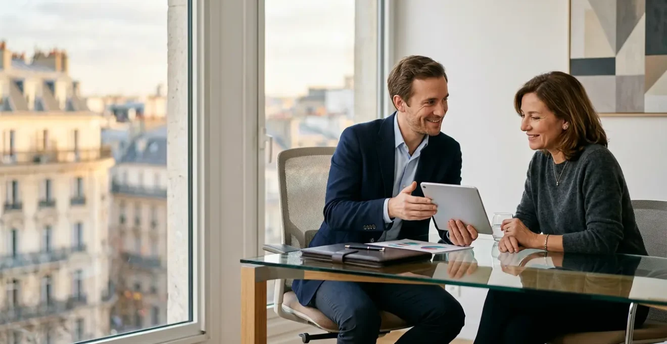 Un courtier en assurance automobile conseillant un client dans un bureau moderne avec vue sur une ville française