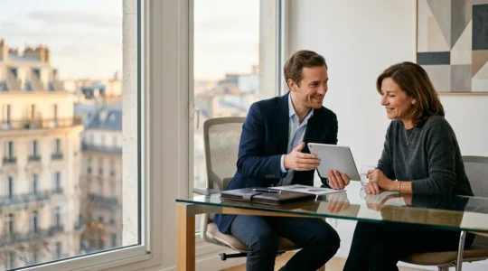 Un courtier en assurance automobile conseillant un client dans un bureau moderne avec vue sur une ville française