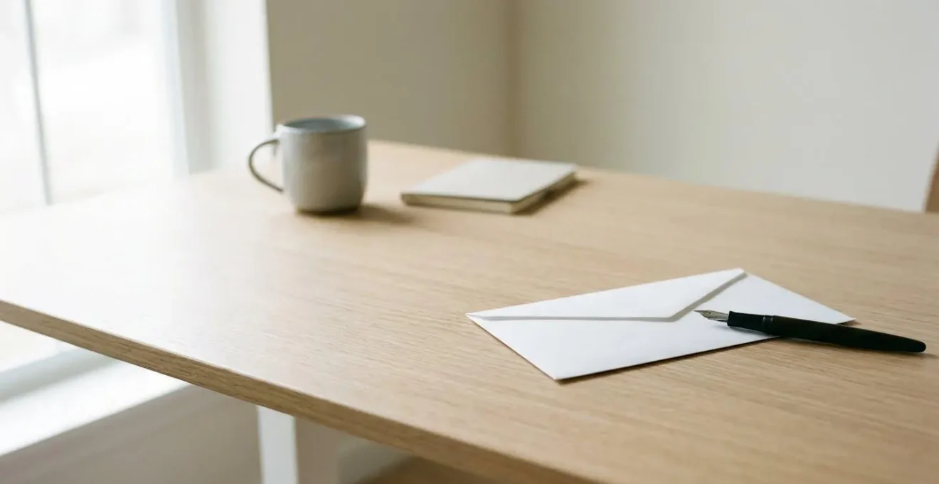 Bureau minimaliste avec enveloppe recommandée et stylo, ambiance administrative