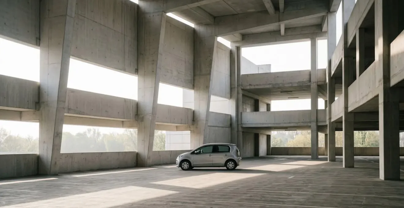 Parking urbain épuré avec une petite citadine garée dans un environnement minimaliste