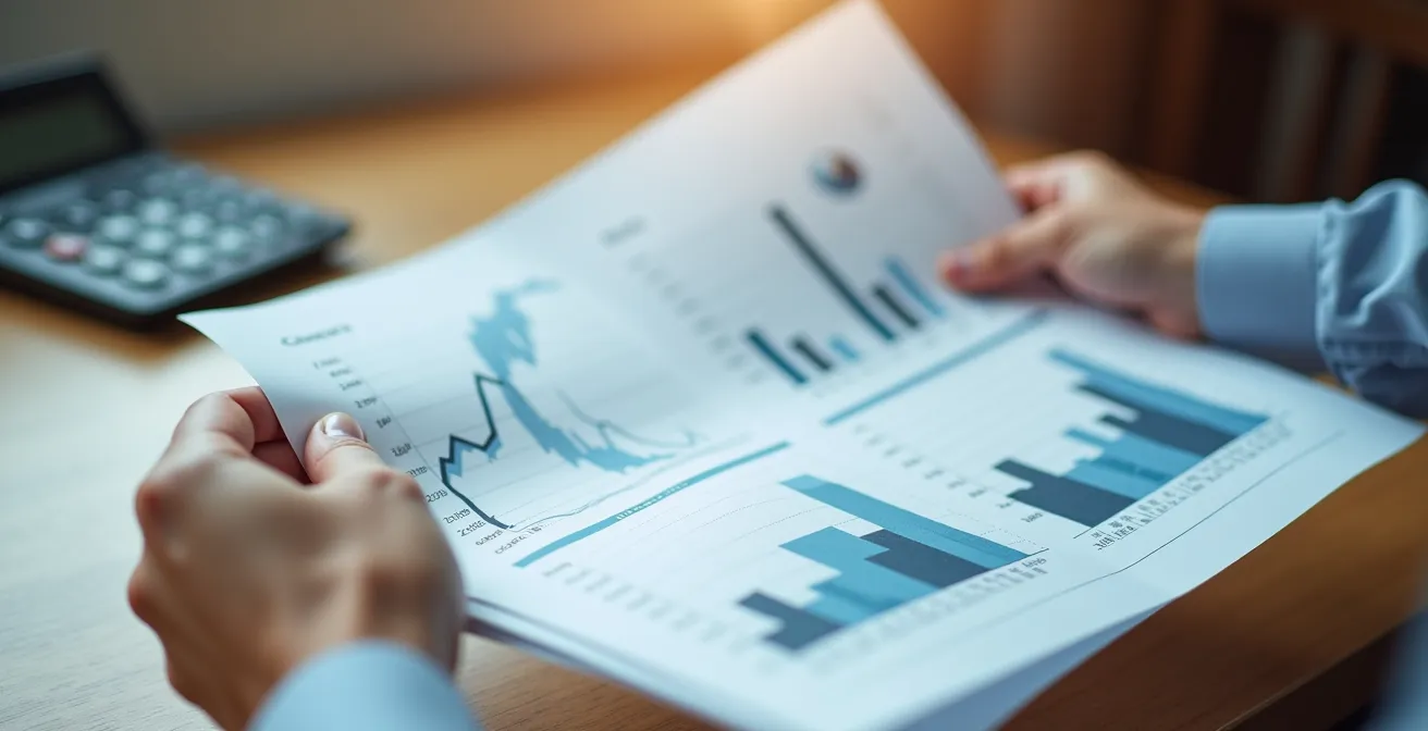 Gros plan sur des mains tenant des documents financiers avec calculatrice floue en arrière-plan