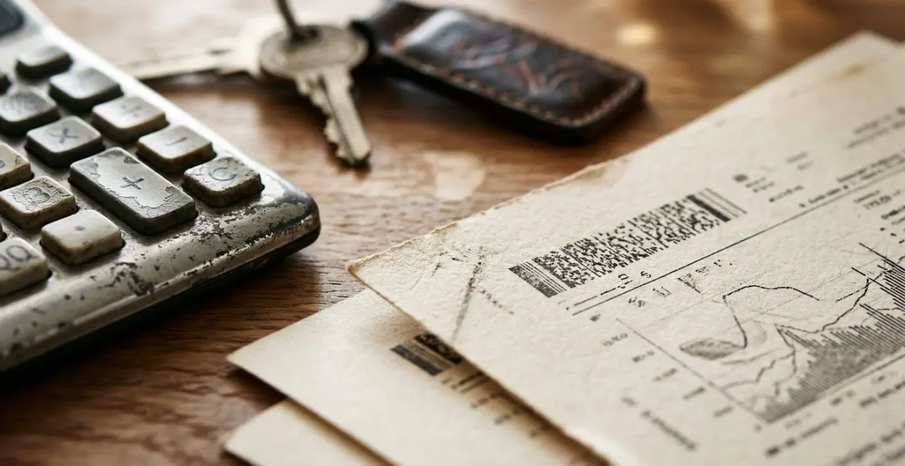 Vue macro de documents d'expertise automobile avec calculatrice et clés de voiture