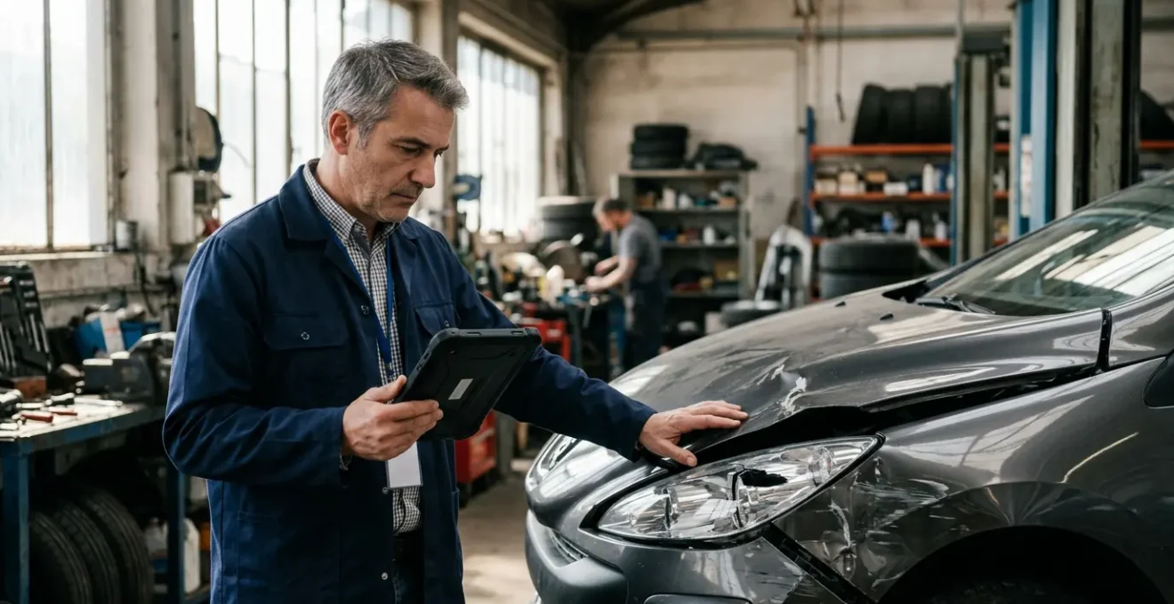 Expert automobile évaluant les dommages d'un véhicule accidenté dans un garage en France