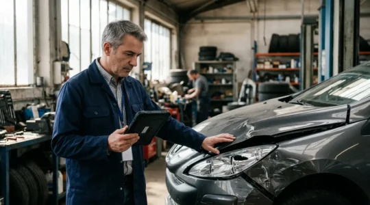 Expert automobile évaluant les dommages d'un véhicule accidenté dans un garage en France