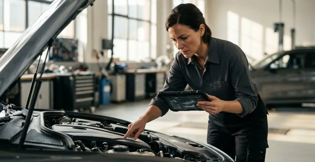 Expert automobile inspectant minutieusement un véhicule avec outils de diagnostic professionnels