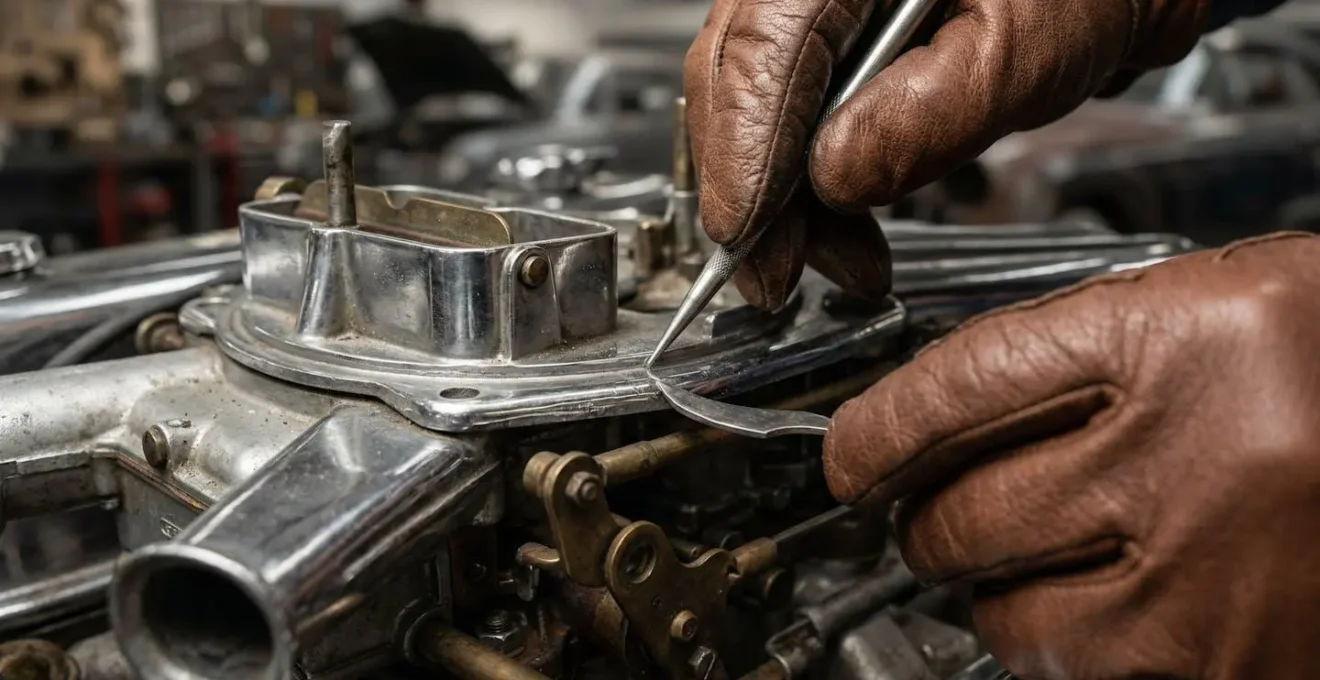 Expert automobile examinant les détails techniques d'un véhicule de collection