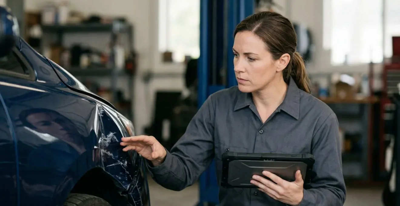 Expert automobile examinant les dégâts sur une voiture accidentée avec tablette numérique