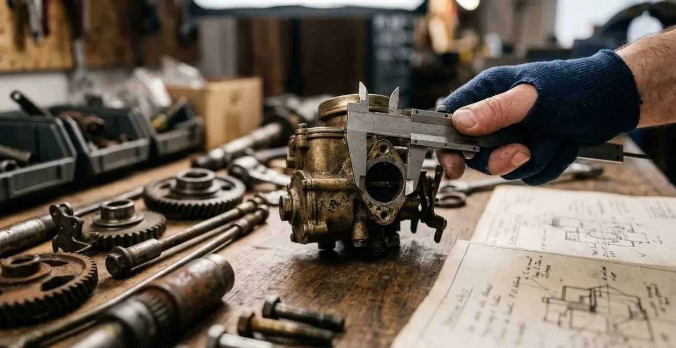 Expert automobile examinant un dossier de documentation avec pièces anciennes sur table d'expertise