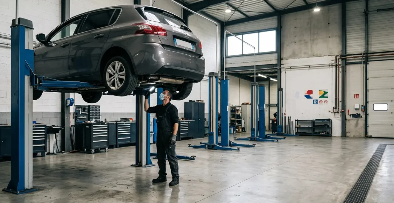 Vue d'ensemble d'un garage automobile moderne avec véhicule en cours d'inspection
