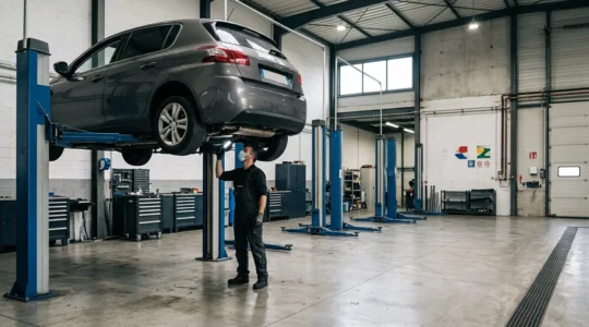 Vue d'ensemble d'un garage automobile moderne avec véhicule en cours d'inspection