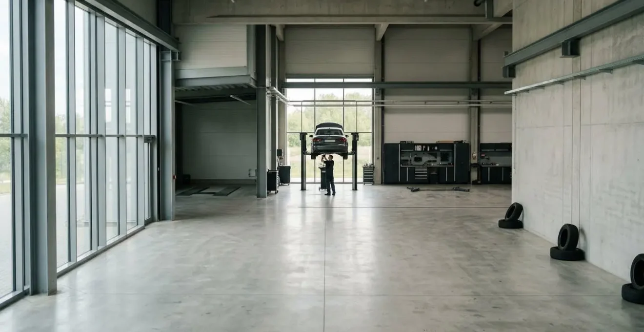 Vue d'ensemble d'un garage automobile moderne avec mécanicien au travail dans une composition épurée