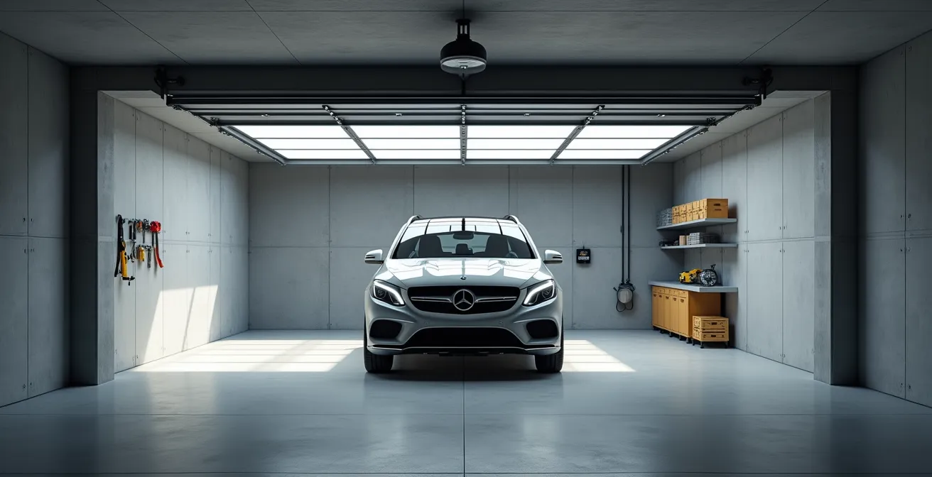 Vue intérieure d'un garage privé sécurisé avec voiture familiale garée