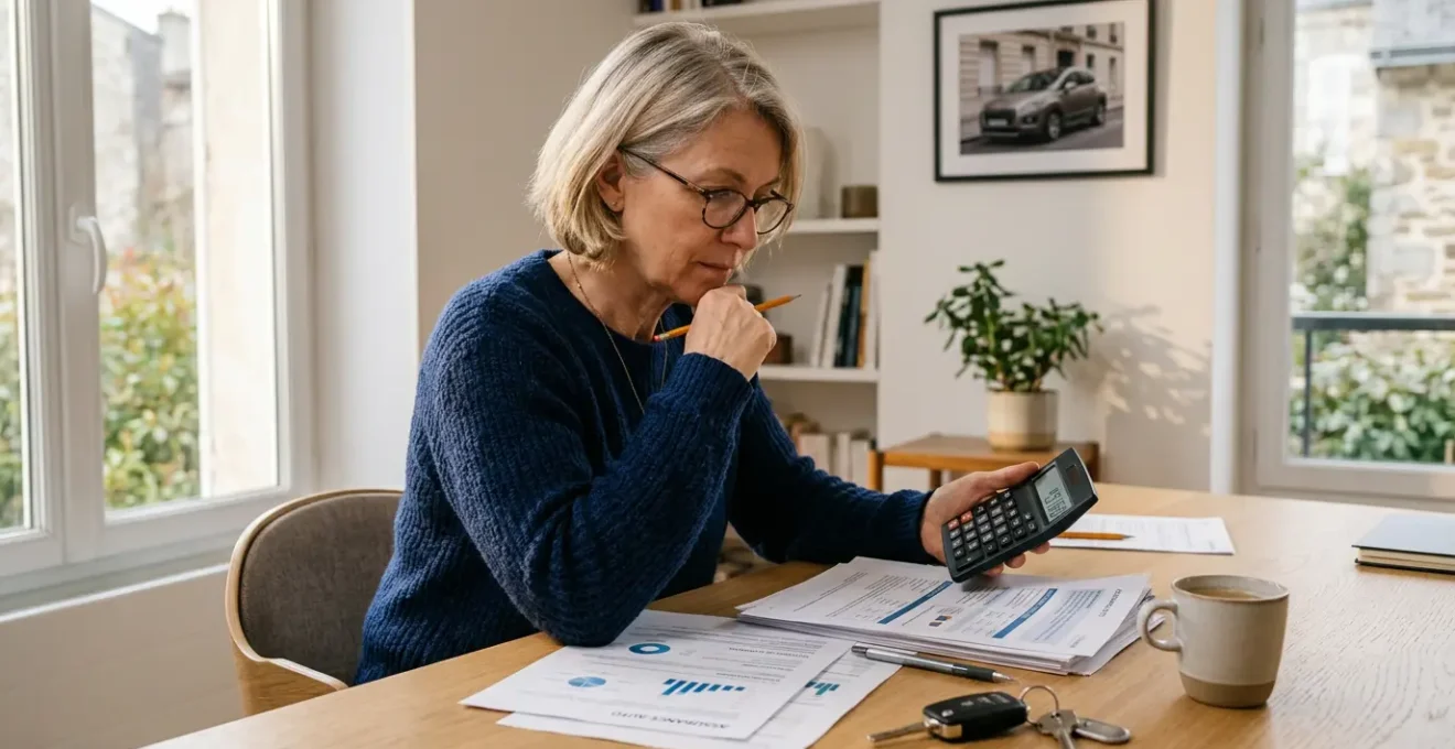 Conducteur analysant la valeur de sa voiture ancienne avec calculatrice et documents d'assurance