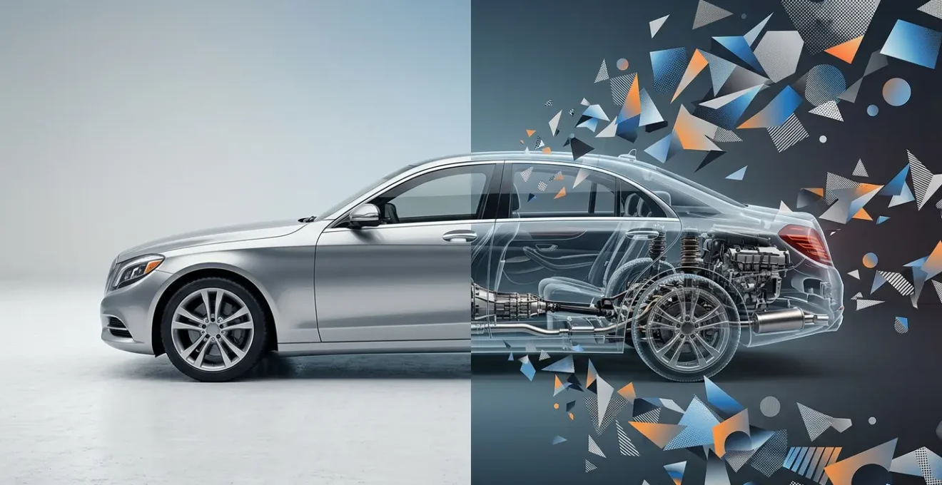 Vue artistique d'une voiture moderne sous expertise avec éléments graphiques symbolisant la dépréciation et l'évaluation financière