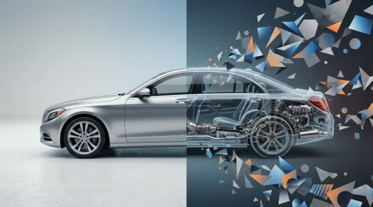 Vue artistique d'une voiture moderne sous expertise avec éléments graphiques symbolisant la dépréciation et l'évaluation financière