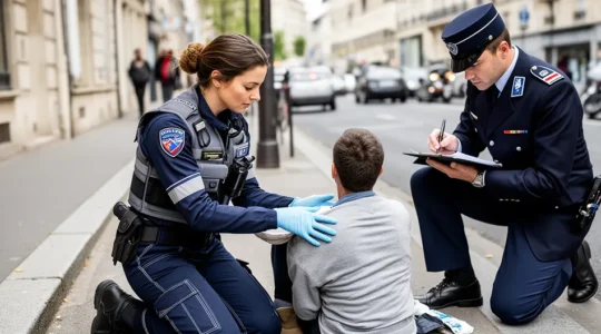 Scène d'assistance après un accident de la route montrant un piéton blessé accompagné de secouristes et d'un agent de police